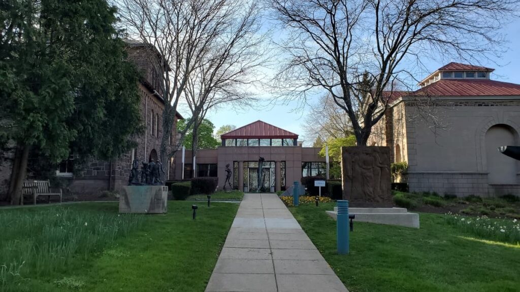 view of the Michener Museum entrance looking from the Doylestown Library