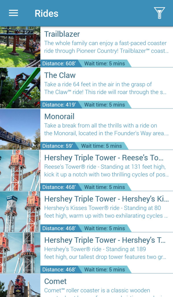 The Hersheypark app screen showing rides and wait times