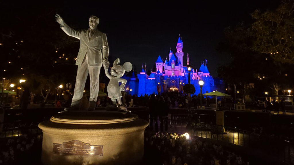 Partners statue at night in Disneyland