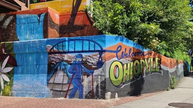 Ohiopyle mural by the Greater Allegheny Passage entrance and Ohiopyle Falls area
