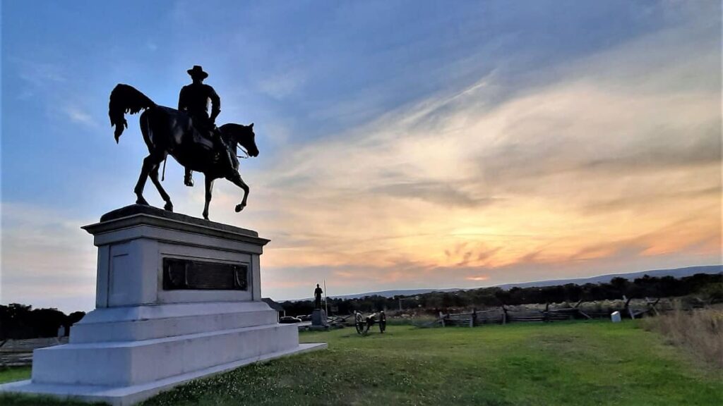 Statue of Reynolds at Gettysburg National Military Park at sunset