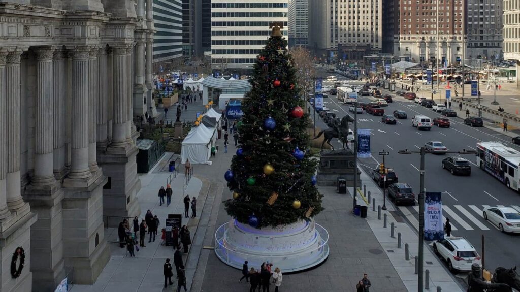 View of Dilworth Park's Made in Philadelphia Holiday Market from the Ferris Wheel at City Hall.