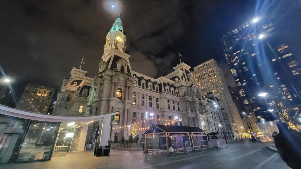View of Dilworth Park in Philadelphia in the winter with City Hall in the background