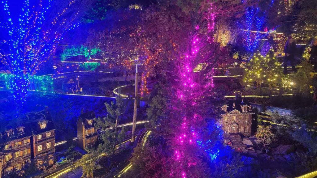 the garden railway at Morris Arboretum is lit up at night with holiday lights