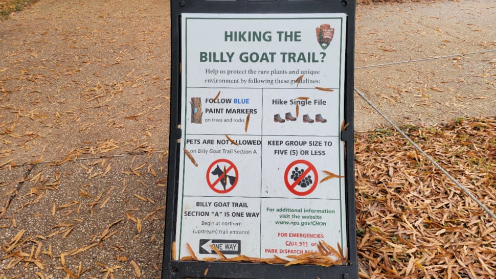 Information sign for the Billy Goat Trail Section A describing the rules and things to know.