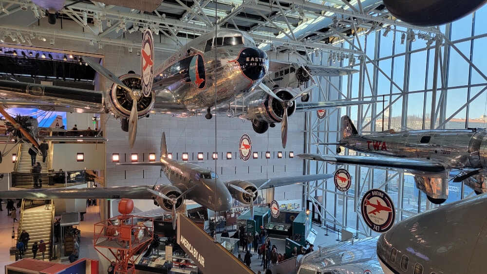 Planes hang from the ceiling inside the Air & Space Museum in Washington, DC