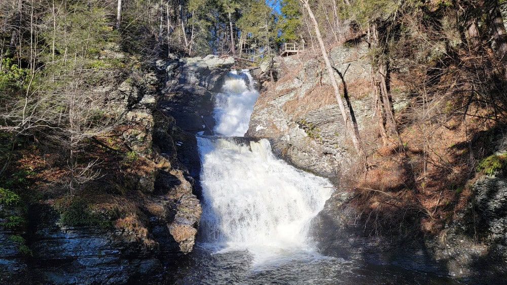 Water rushes down Raymondskill Falls, the tallest waterfall in Pennsylvania
