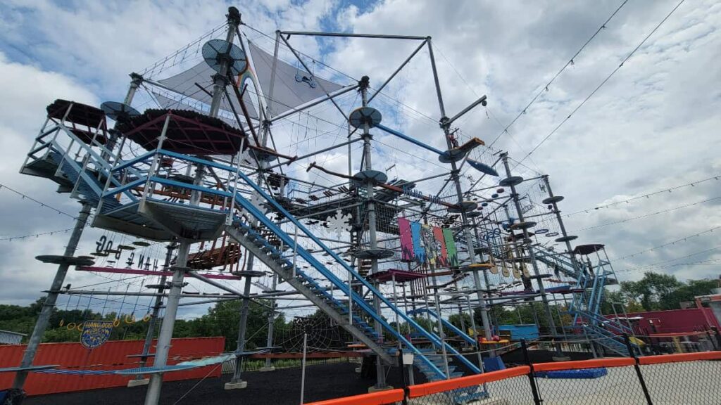 view of large outdoor ropes course from the bottom