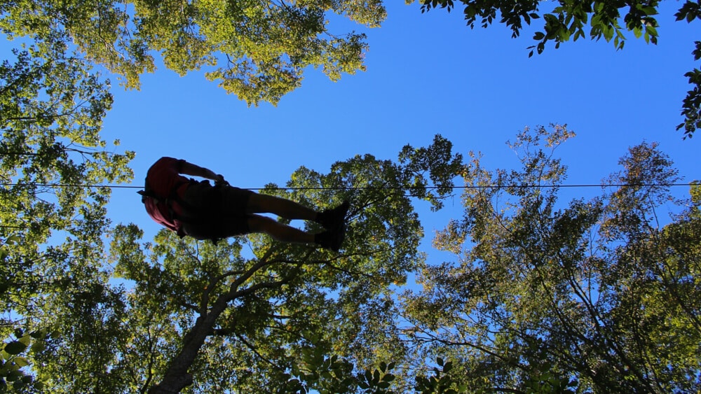 Man zip lining as seen from below -There are many zip lines and adventure ropes courses in Shenandoah valley
