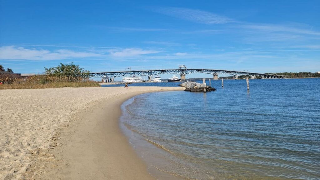 looking towards the Coleman Memorial Bridge in Yorktown on the beach