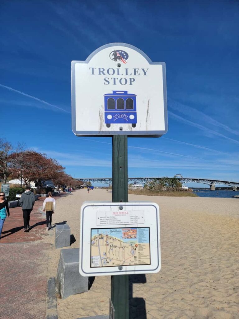 A sign indicates a stop for the Yorktown Trolley