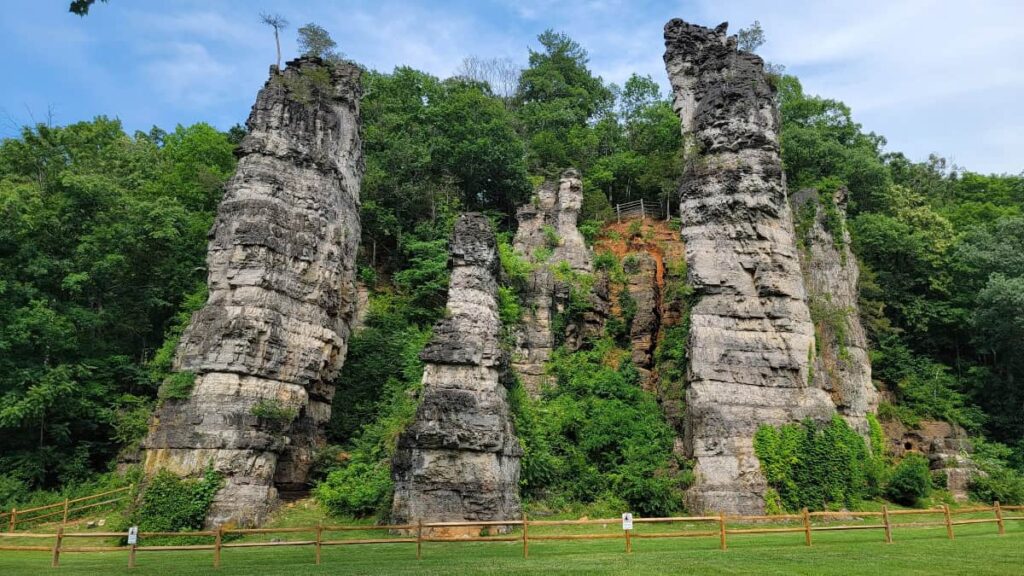 looking at massive rock formation called the Natural Chimneys at a park in Virginia