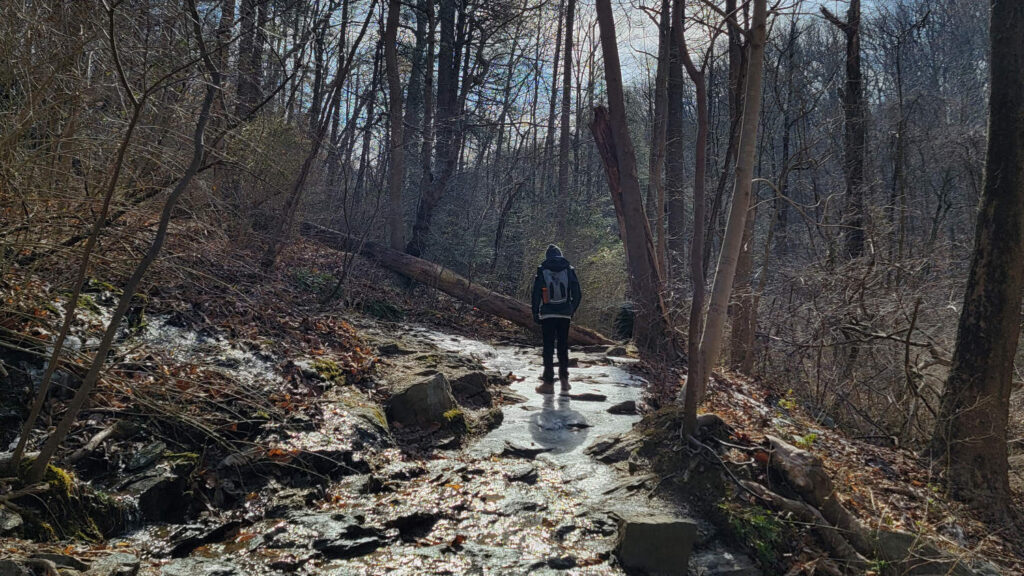 Boy hiking the Orange Trail at Wissahickon Valley Park in the winter