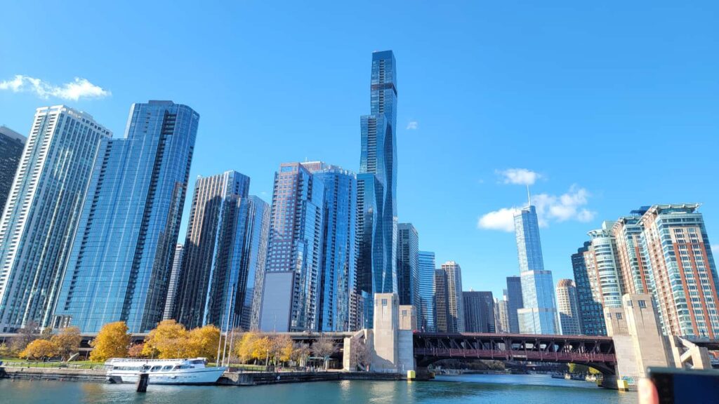 View of Chicago from the Chicago River on an architectural boat tour