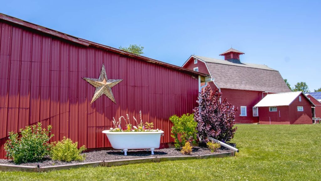 A red barn with a yellow star on it with an old bathtub used as a planter in front