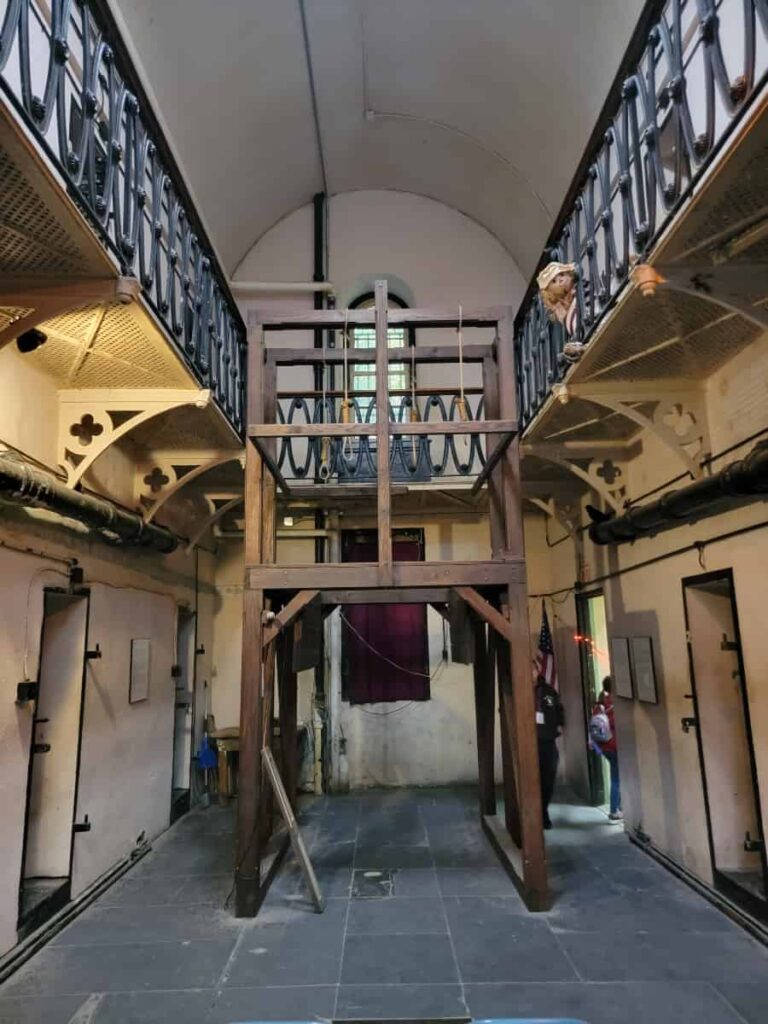 inside the old jail museum in jim thorpe. view of the gallows and platform