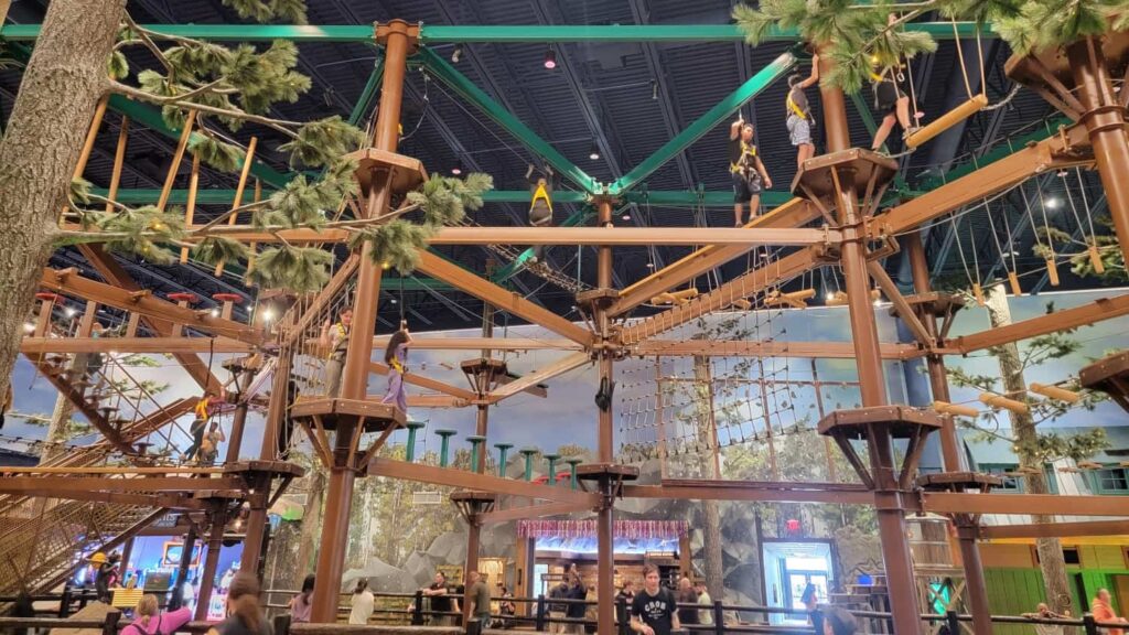 A two story ropes course is inside Great Wolf Lodge