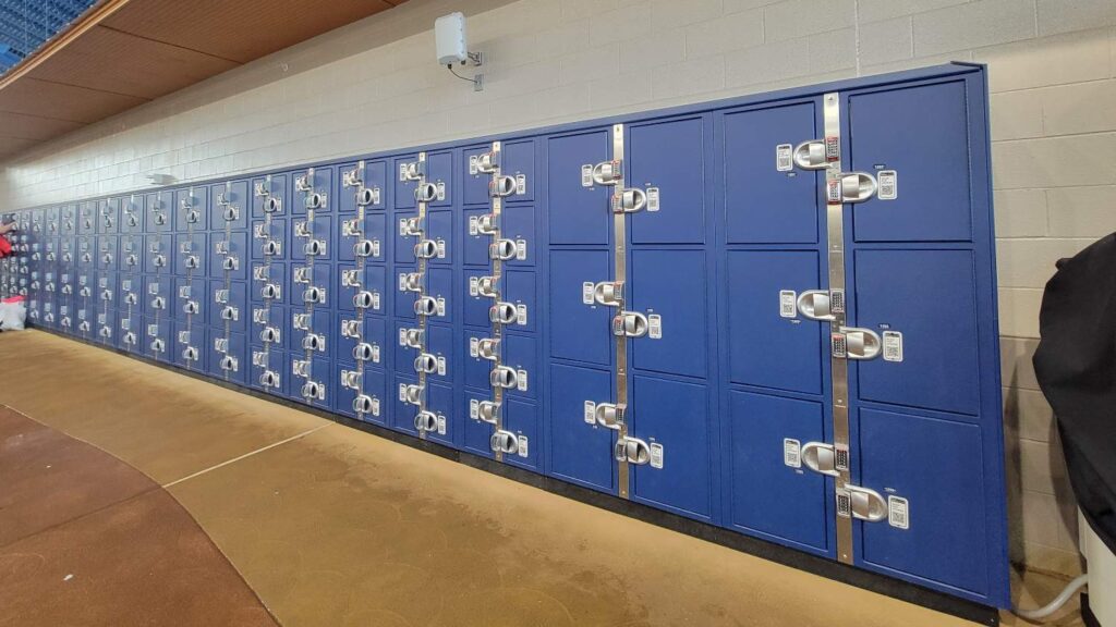 a long row of blue lockers inside the Great Wolf Lodge waterpark
