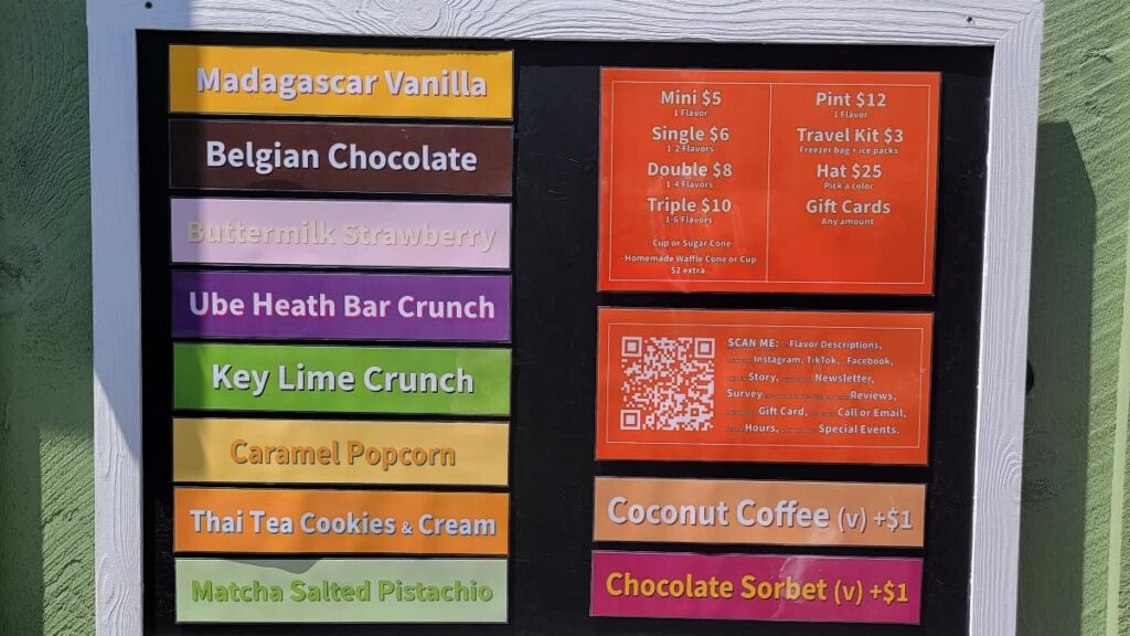 Alleyway Ice Cream menu features traditional and unique flavors