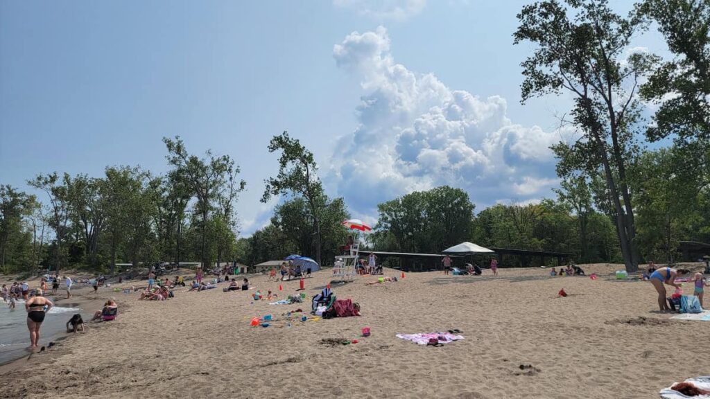 People sit on a sandy beach with trees in the background at Presque Isle State Park