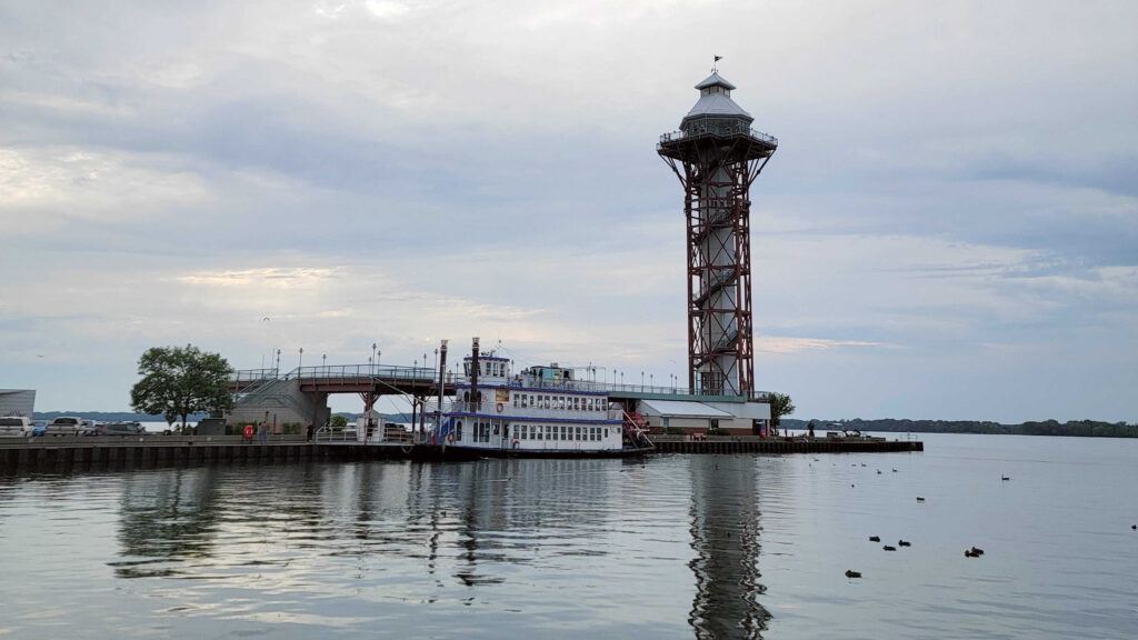 view of the Bicentennial Tower with the Presque Isle Bay in front