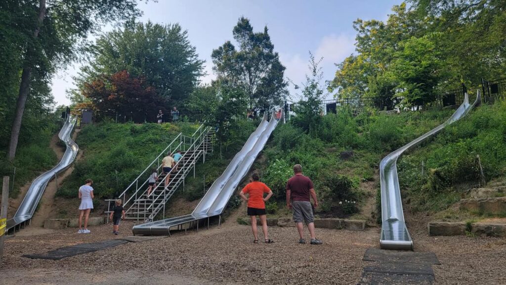 kids slide down three different metal slides built into the side of a hill in Erie