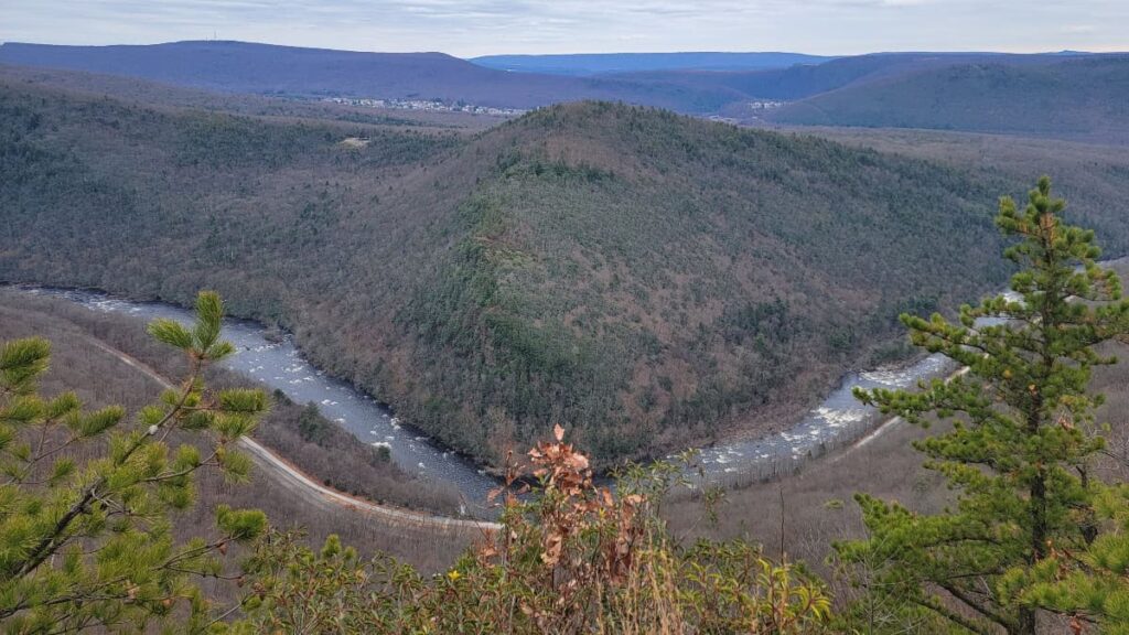 View over looking a bend in the Lehigh River in Lehigh Gorge State Park