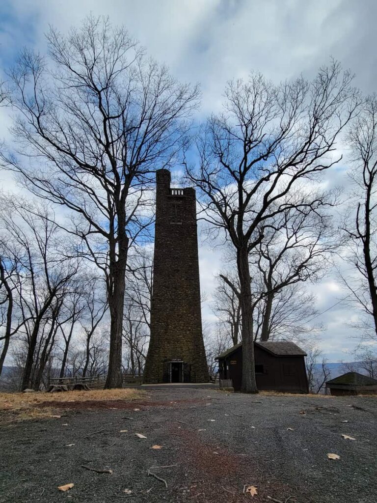 View of Bowman's Hill Tower from the parking lot during the winter