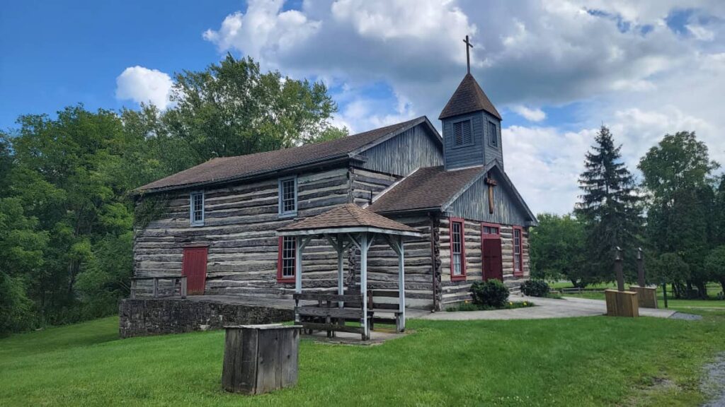 View of a church built from logs 