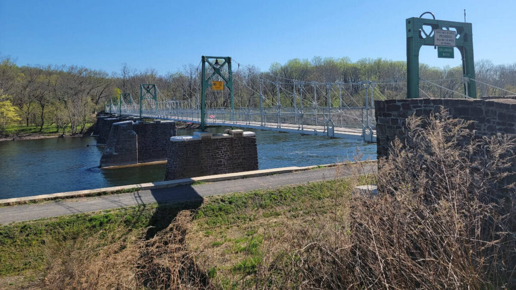 A footbridge crosses the Delaware River to Bulls Island