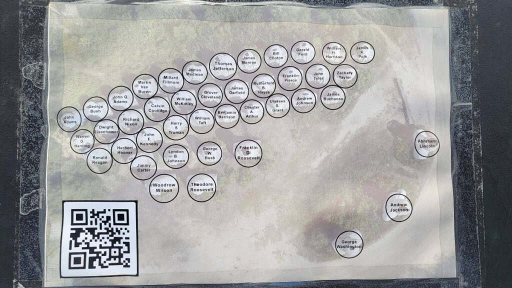 an aerial photo of the presidents heads are marked with each president's name