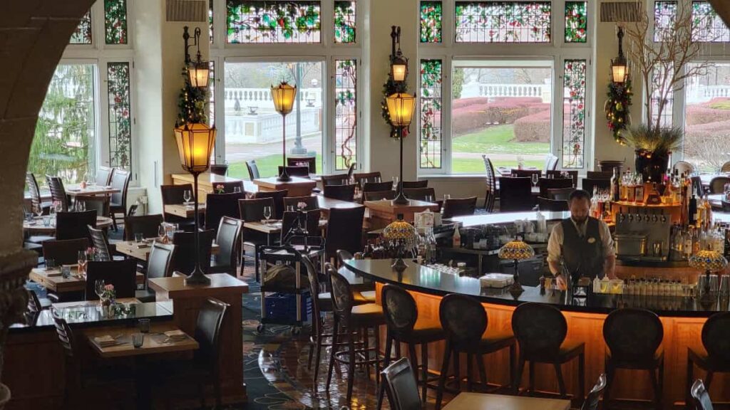 Looking into the Circular Restaurant at Hotel Hersey as a bartender prepares to open