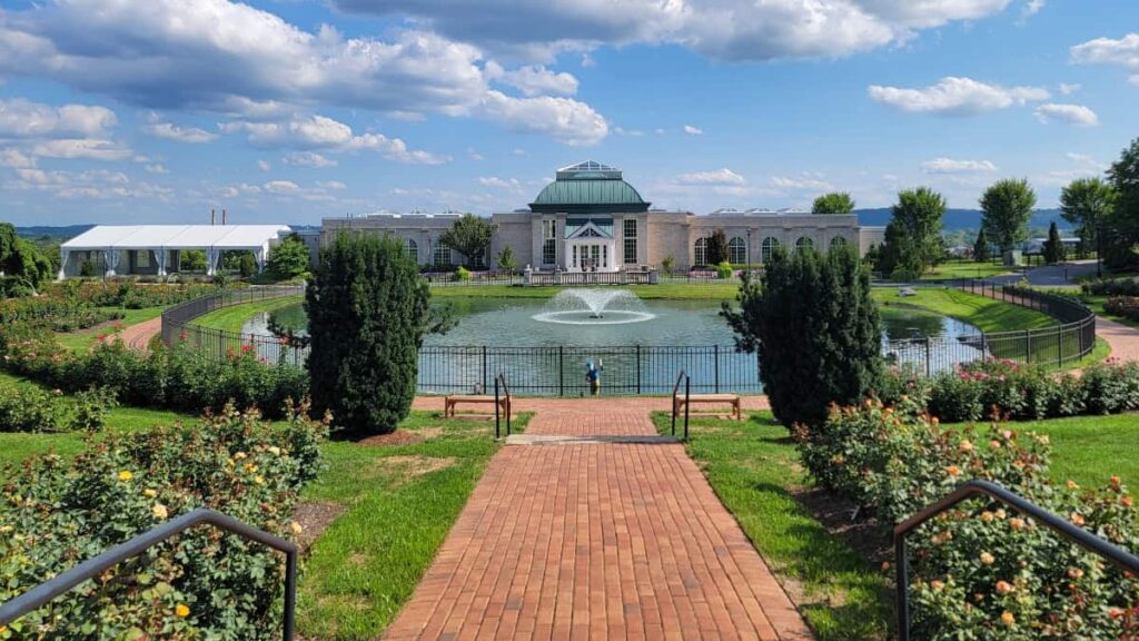 View from the gardens to the main building at Hershey Gardens