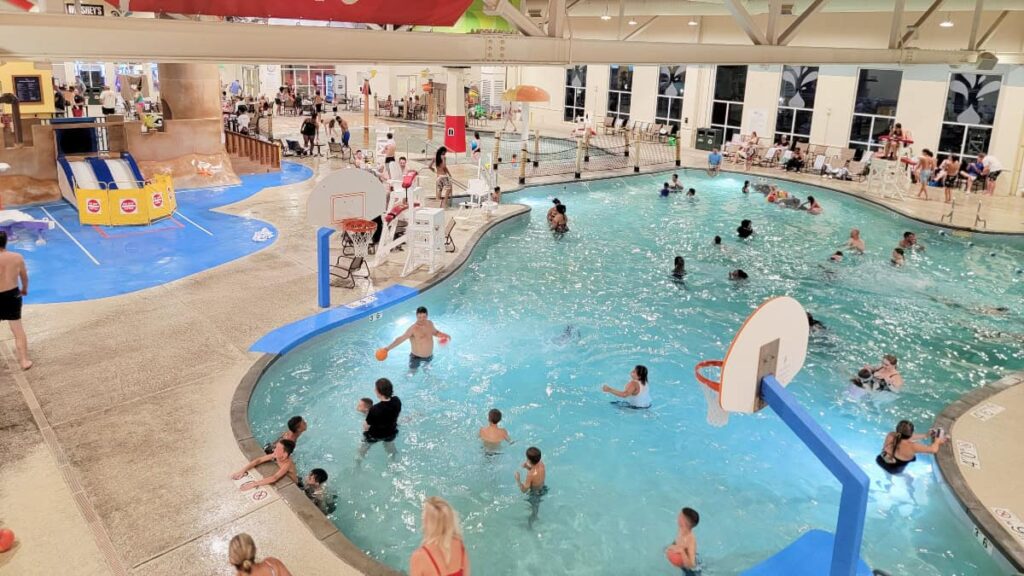 aerial view of families playing at the Hershey's Water Works indoor pool at Hershey Lodge