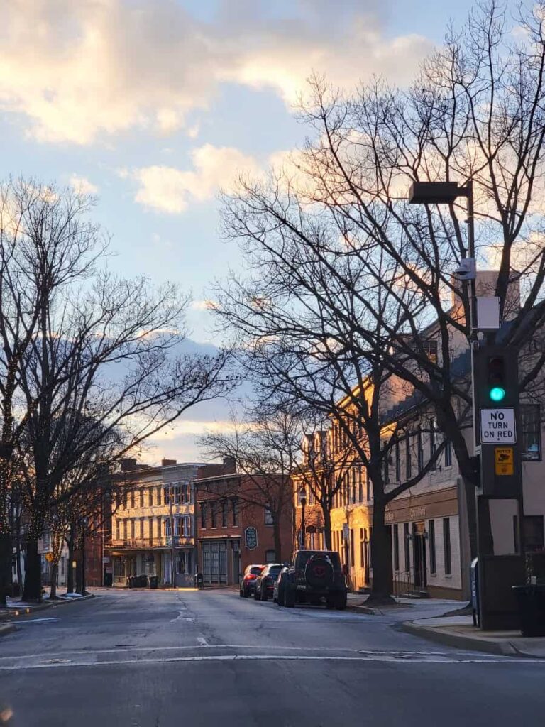 A view of downtown Frederick during sunset