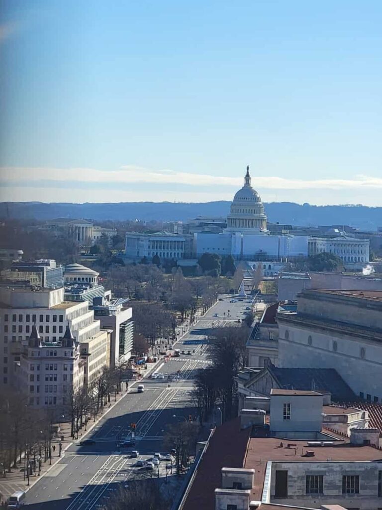 Looking out from the Old Post Office Tower towards Pennsylvania Avenue and the Capitol Building