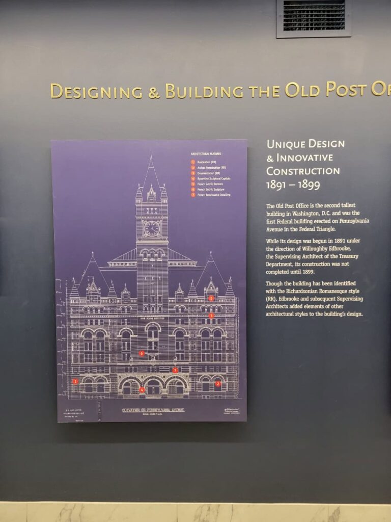 One of the displays of the Old Post Office Tower museum shows the construction plans of the building