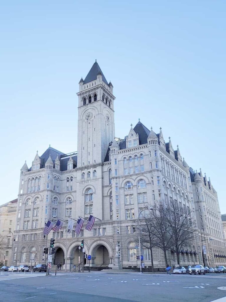 Looking at the outside of the Old Post Office, now Waldorf Astoria, from across the street