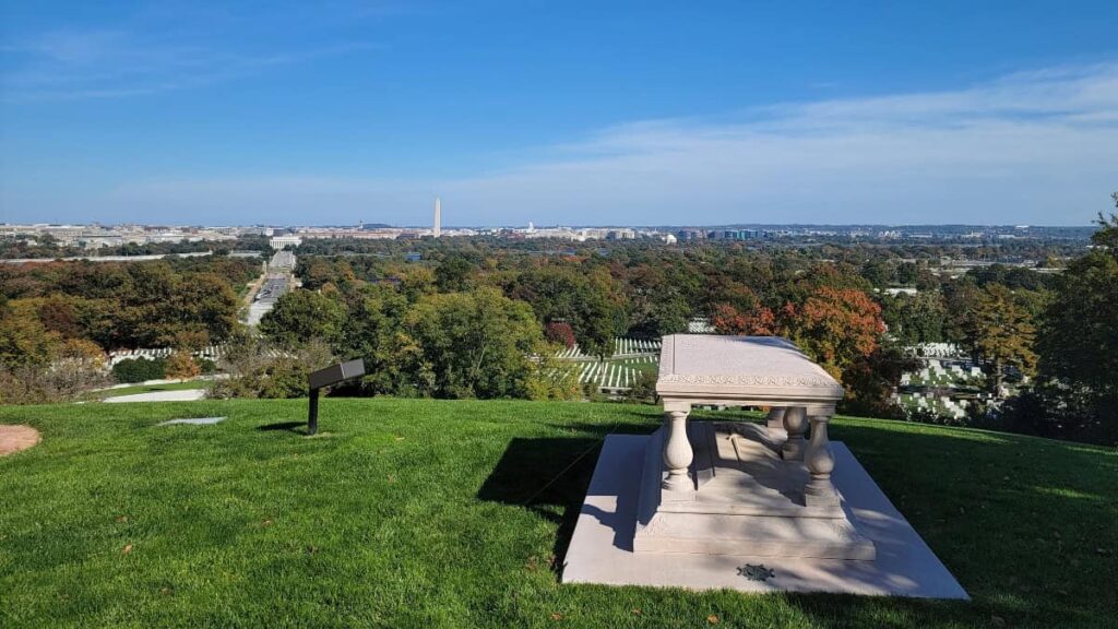 Looking out towards Washington DC from Arlington House at Arlington Cemetery you can see the Washington Monument and Lincoln Memorial in the distance