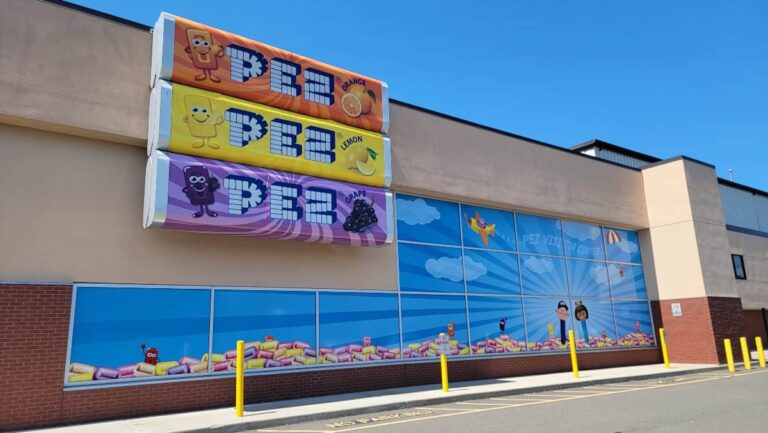 Looking at the PEZ Visitor Center with giant PEZ candy packages on the front of the facade